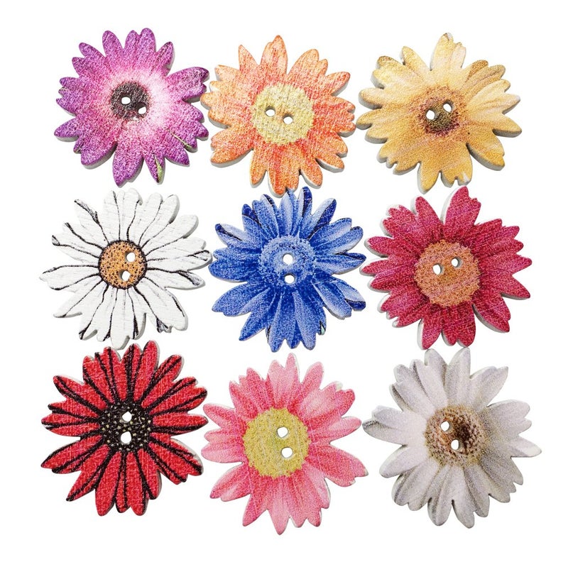 T-shin Wooden Buttons, Retro Flower-Shaped Pattern Decorative Button,Novelty Mixed Round 2 Holes Buttons Pack of 50(Multicolored-Flower) - Image 2